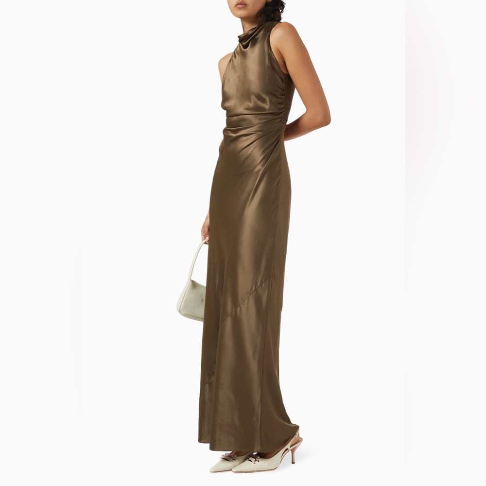 House of Harlow Brown Satin Cowl Criss Cross Back Maxi Dress